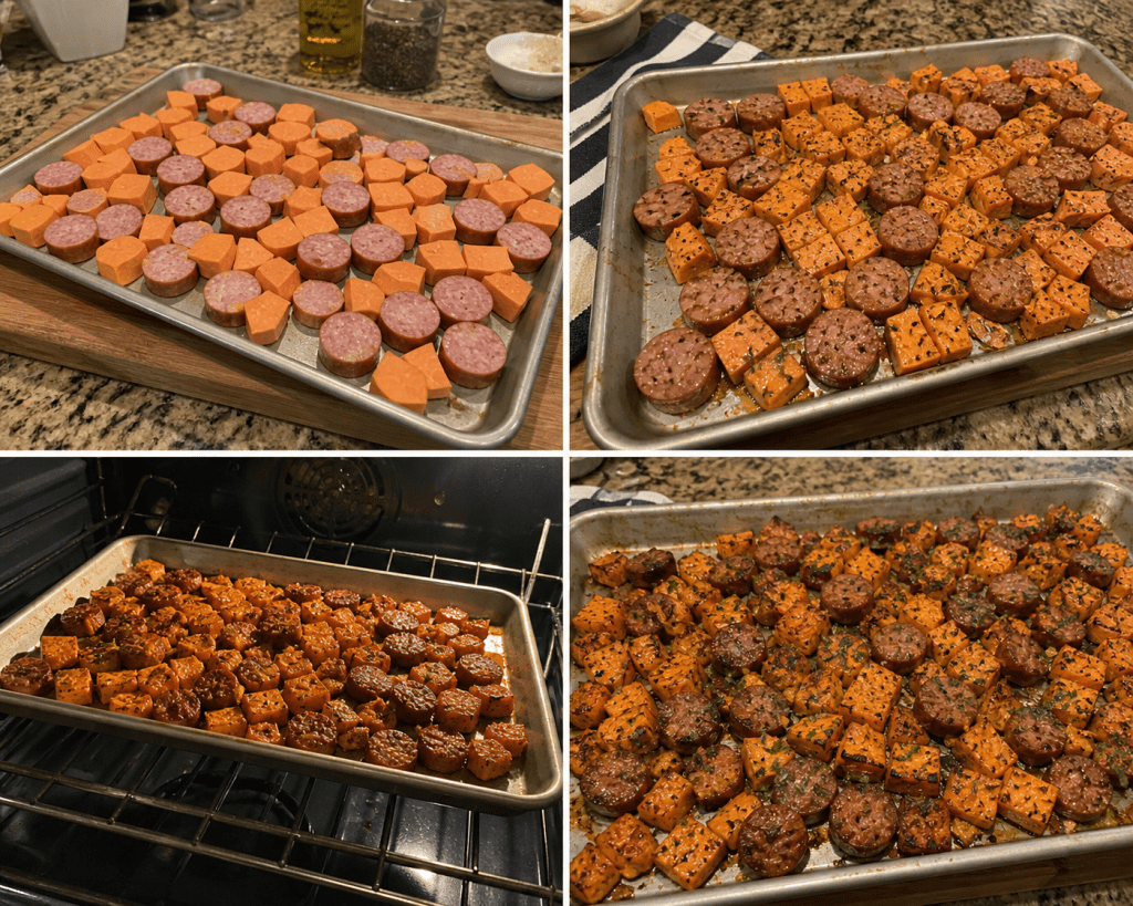 Sheet pan sausage and sweet potaotes