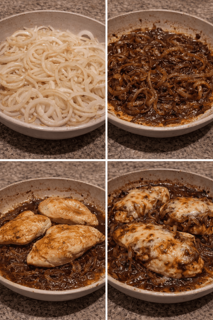 Step-by-step collage showing how to make French onion chicken, including caramelizing sliced onions, searing the chicken, simmering in a rich onion sauce, and topping with melted cheese.