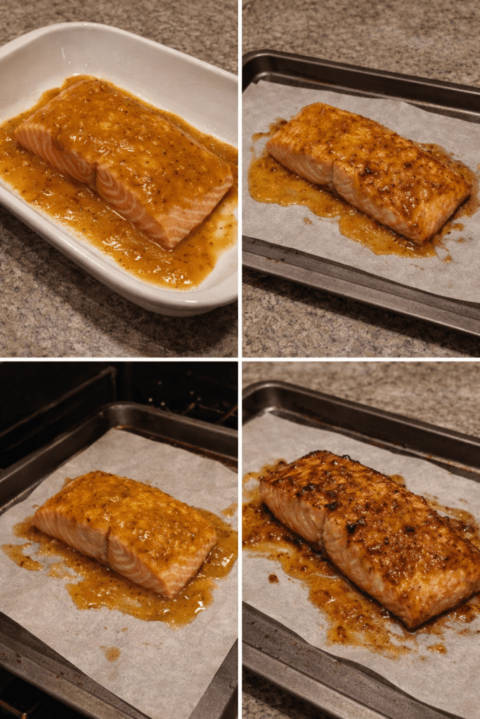 Step-by-step collage showing how to make honey mustard salmon, including mixing the honey mustard sauce, glazing the salmon fillets, and baking until flaky.